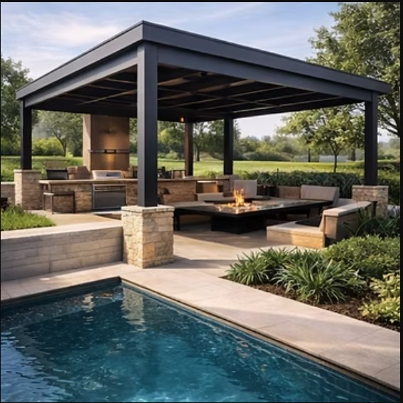 Modern outdoor pavilion with kitchen, fire feature, and pool